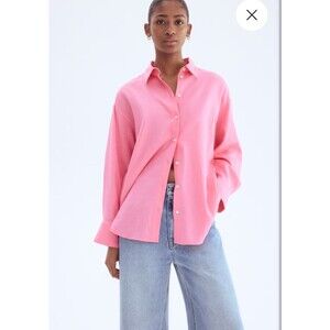 H & M HM Linen Blend Button Down Long Sleeve Lagenlook Womens Pocket Pink XS